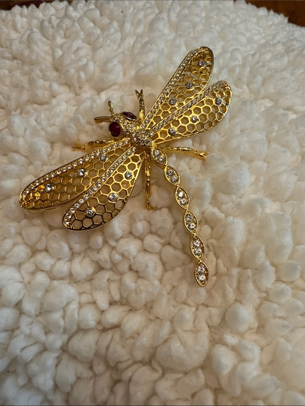 P. S. CO. 1999 Gold Dragonfly Brooch  Red Crystal Eyes &   Clear Pave Accents